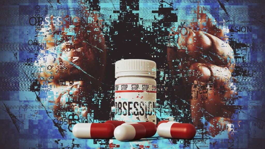 Exploring Chicago’s Holistic Therapy Options for Addiction Recovery 2 Hands holding drugs against a digital pixel background with the message “Stop Obsession.”