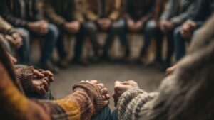 Addiction support group sitting in a circle, holding hands and encouraging each other during a session.
