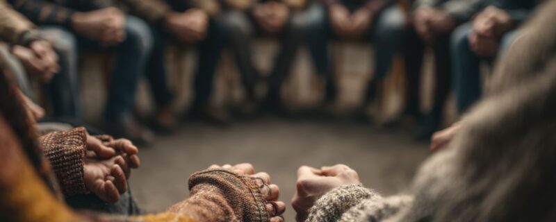 Addiction support group sitting in a circle, holding hands and encouraging each other during a session.