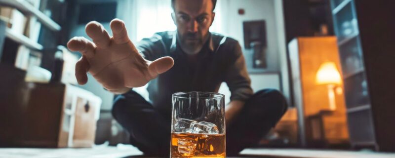 Alcohol Detox vs. Drug Detox: What’s the Difference? 1 A bearded man, sharply focused at the center, reaching for a glass of hard liquor in the middle of the night.