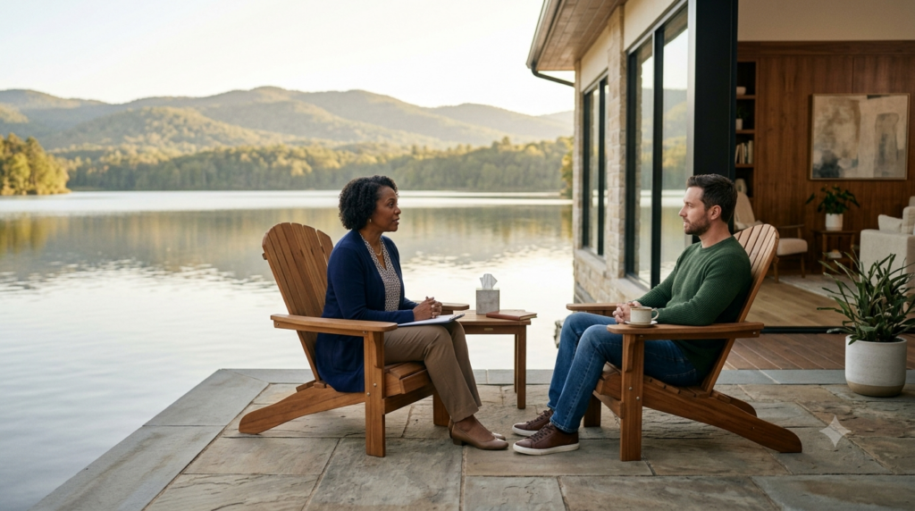 The Importance of Self‑Care in Recovery 2 A counselor and patient sitting on Adirondack chairs overlooking a lake.