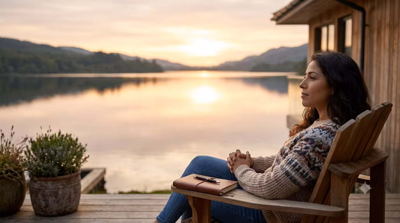 A patient looking over a calm lake during sunrise reflecting on recovery.