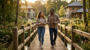 Blog new 9 Two people smiling while walking across a wooden bridge in nature.
