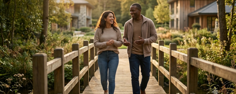 Confidential Addiction Treatment for Professionals 1 Two people smiling while walking across a wooden bridge in nature.