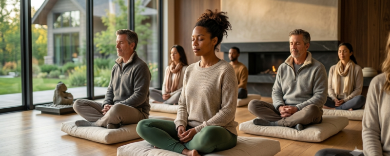 A mindfulness meditation class inside an upscale wellness room.
