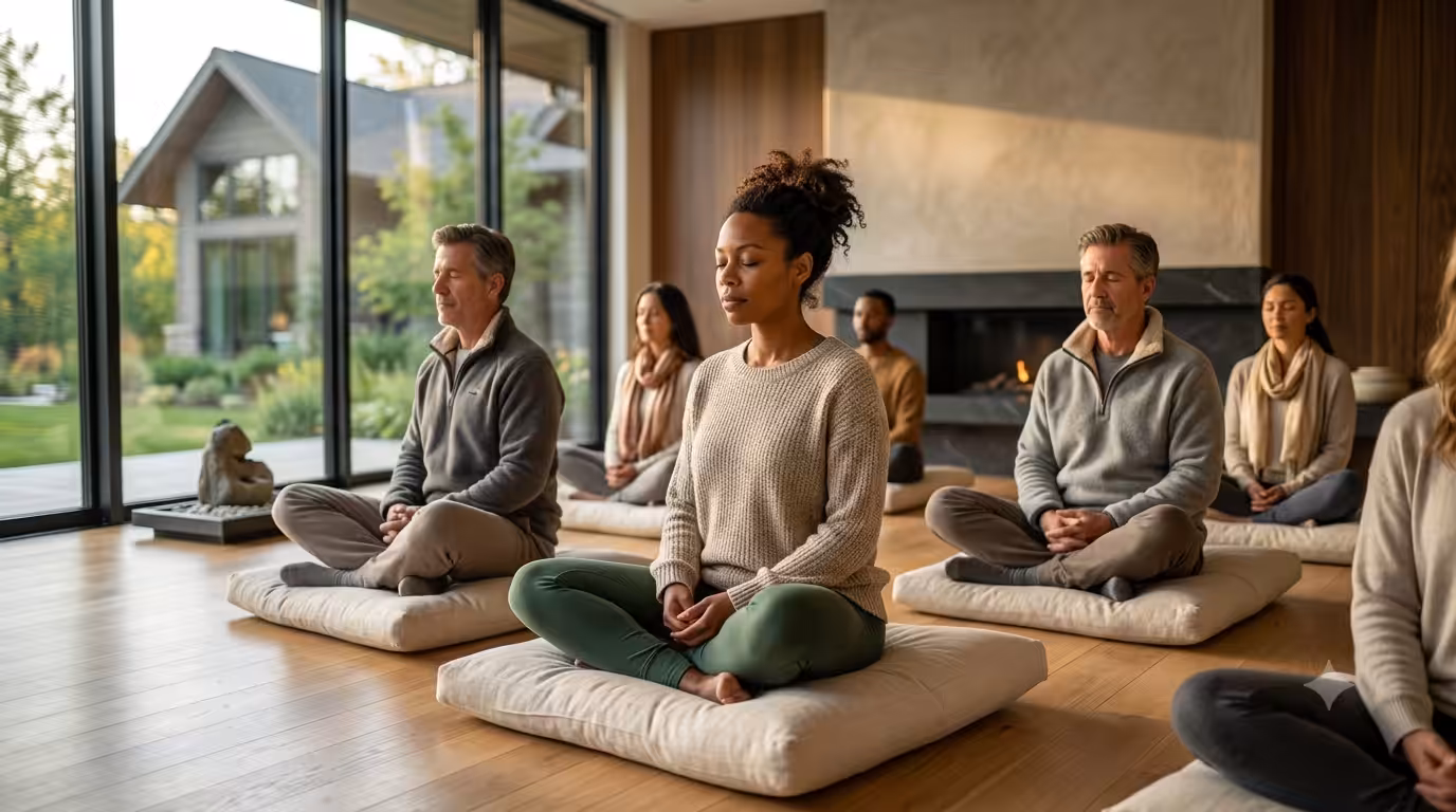 A mindfulness meditation class inside an upscale wellness room.