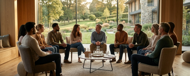 A support group sitting in a circle inside a modern therapy room.