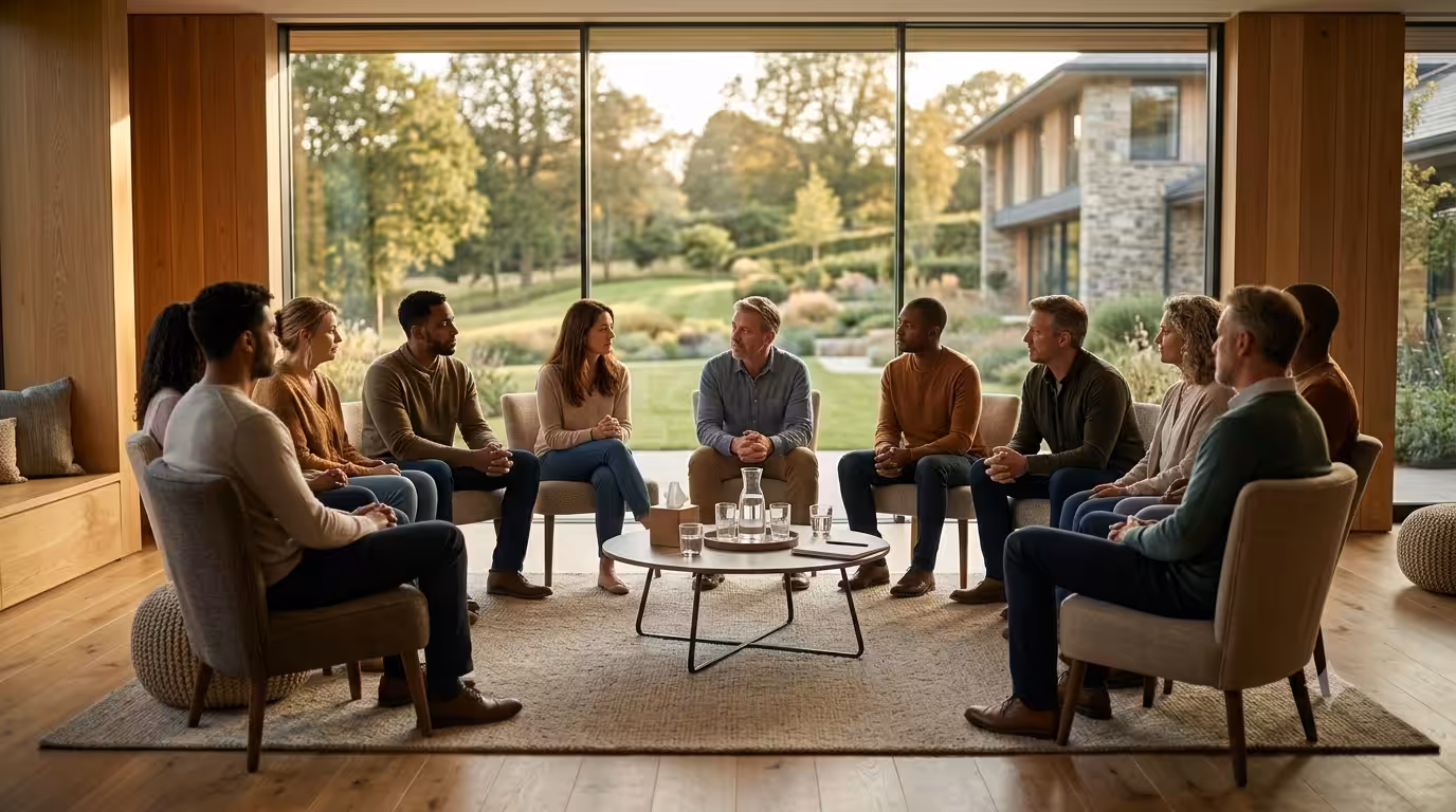 A support group sitting in a circle inside a modern therapy room.