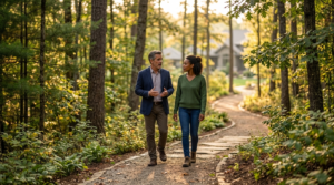 Blog new 1 A counselor and patient walking through a forest trail during a therapy session.