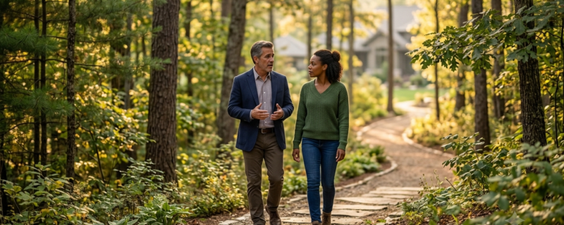 Opioid Addiction Treatment for Physicians: Confidential Recovery Programs in Chicago 1 A counselor and patient walking through a forest trail during a therapy session.
