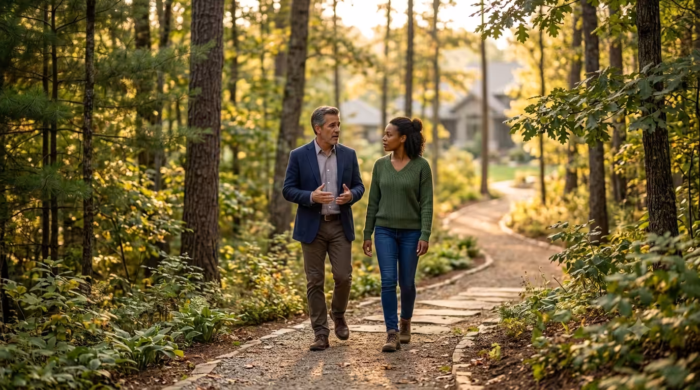A counselor and patient walking through a forest trail during a therapy session.