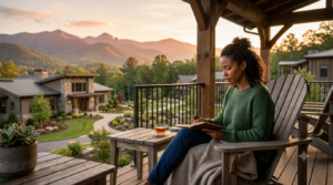 Blog new 7 A patient quietly journaling on a wooden porch overlooking mountains