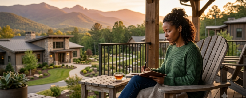 A patient quietly journaling on a wooden porch overlooking mountains