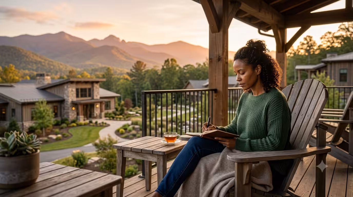 A patient quietly journaling on a wooden porch overlooking mountains