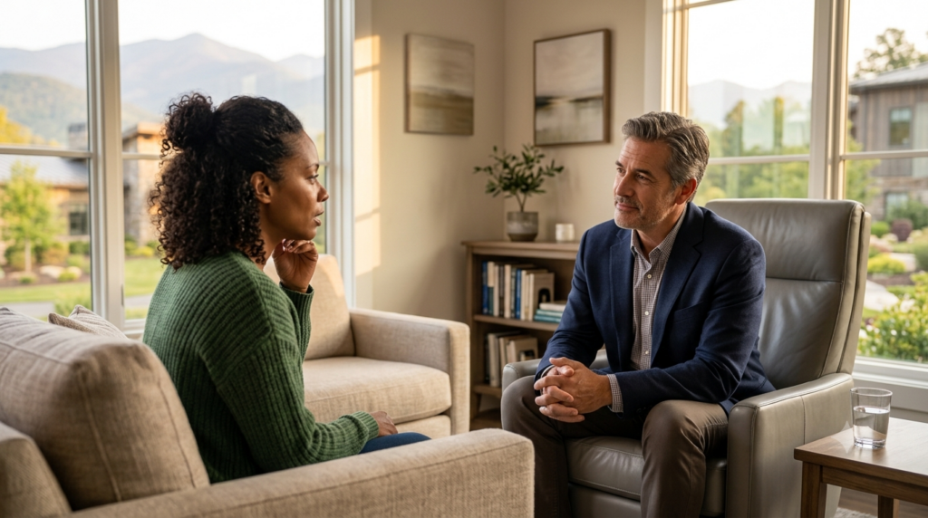 Understanding How Burnout Leads to Addiction in High-Stress Professionals 2 A therapist listening attentively while a patient shares their story in a private office