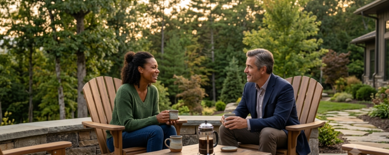 Partial Hospitalization Program Chicago (PHP) and Intensive Outpatient Programs (IOP) in Chicago: A Guide for Professionals 1 Two recovering individuals drinking coffee together on an outdoor patio surrounded by trees.