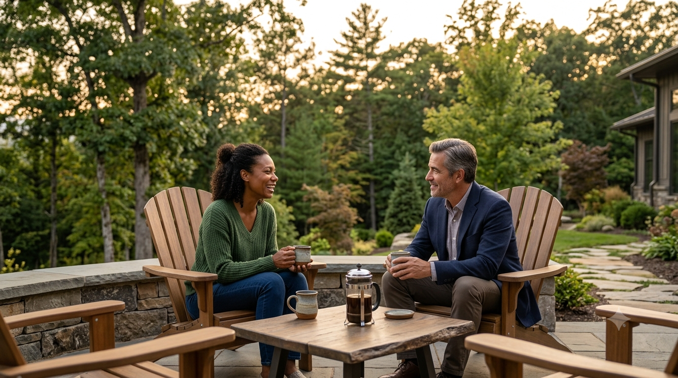 Two recovering individuals drinking coffee together on an outdoor patio surrounded by trees.