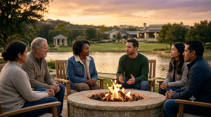 Blog new 5 A small recovery group sitting around a campfire at sunset having a supportive discussion.