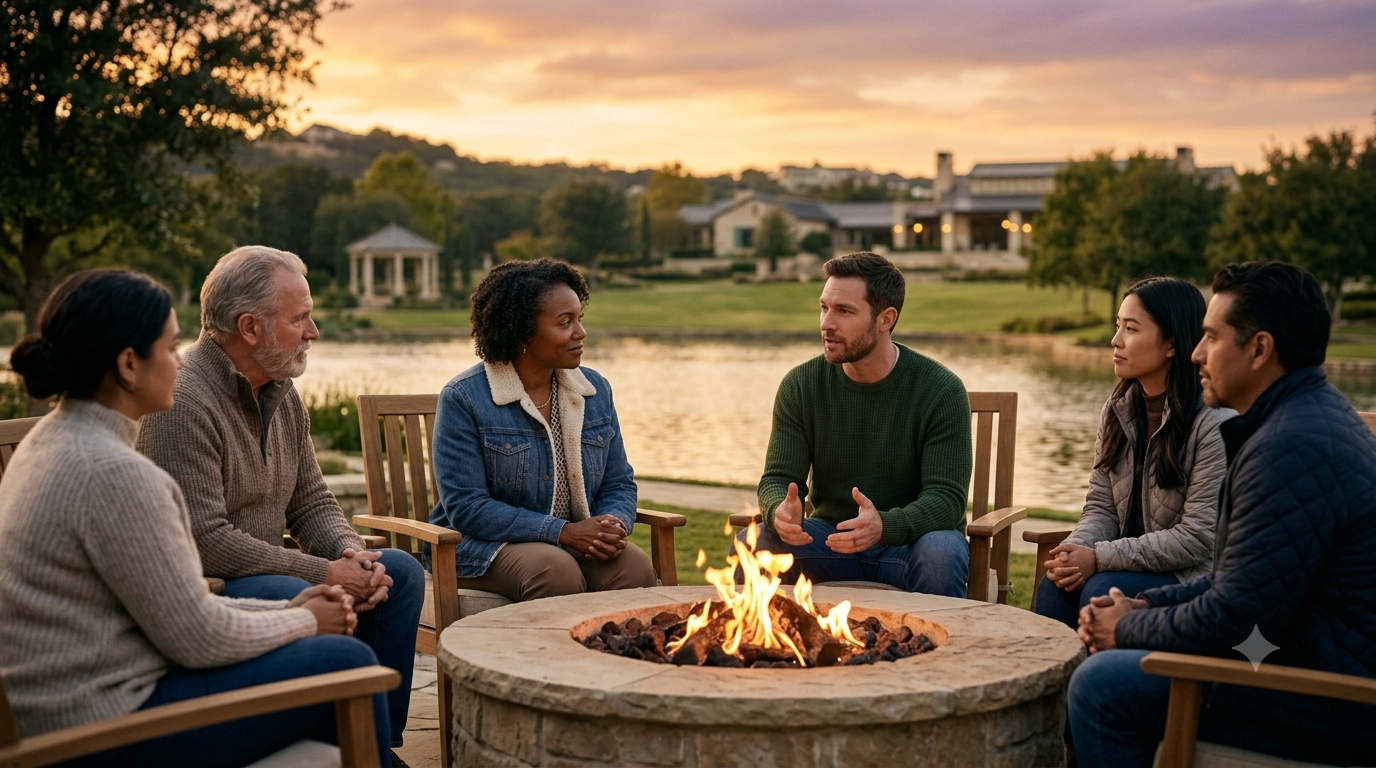 A small recovery group sitting around a campfire at sunset having a supportive discussion.