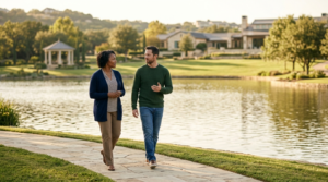 Blog new 4 Two people walking beside a peaceful lake during a therapy session