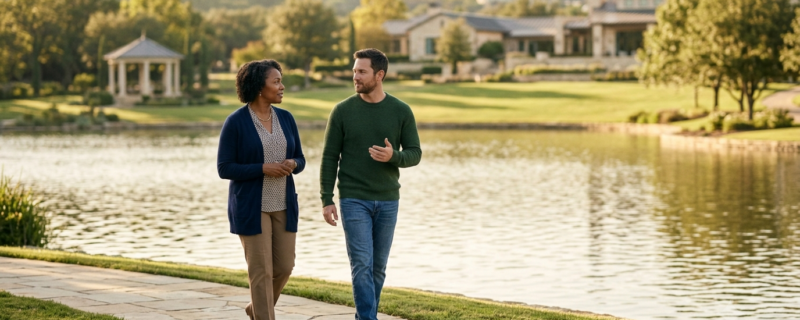 Drug Rehab in Chicago for Working Adults: What to Expect 1 Two people walking beside a peaceful lake during a therapy session