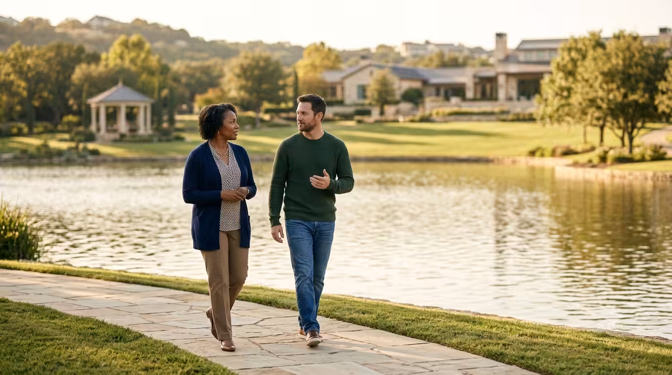Two people walking beside a peaceful lake during a therapy session